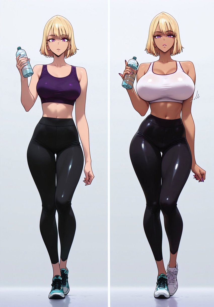 ai_generated before_and_after big_breasts bimbo bimbo_body bimbofication bimbofied cha_hae-in cha_hae_in female female_only huge_ass huge_breasts leggings purple_eyes short_hair skin_tight solo_leveling sports_shoes tanned_female tanned_skin tombo transformation water_bottle wide_hips