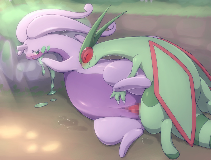 1boy 1girls 3_fingers ass back belly big_ass blush censored claws closed_eyes day dragon duo fangs feet female flygon furry goo goodra green_eyes green_skin kajinchu looking_back lying male nintendo nude on_side open_mouth outdoors outside penetration penis pokemon pokemon_(species) pokemon_rse pokemon_xy purple_skin pussy red_skin rock scalie sex slime sloppy_sideways straight sweat tail teeth vaginal_penetration video_games wide_hips wings