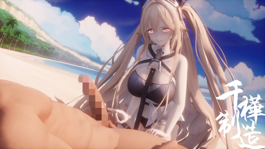 1boy 1girls 3d anchorage_(azur_lane) azur_lane beach blonde_hair blue_sky breasts cbt censored clothed_female_nude_male cock_and_ball_torture eagle_union_(azur_lane) female femdom flicking flicking_balls huge_breasts light-skinned_female light-skinned_male light_skin male malesub mosaic_censoring outdoors penis pink_eyes sajiko_(sankaensajiko) sand sky twintails