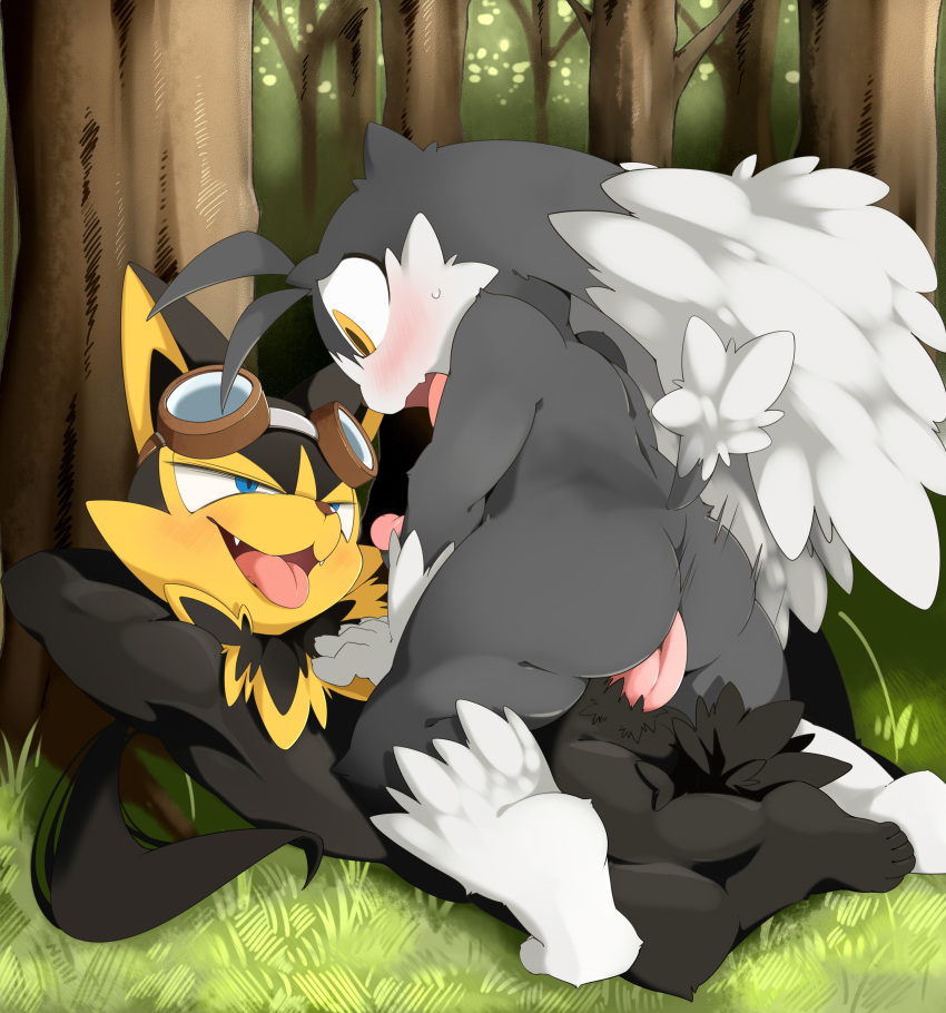 absurdres anal anal_sex anthro armpits balls blush canine duo erection eyewear fangs forest furry goggles guntz hands_behind_head highres kemono klonoa klonoa_(series) long_ears looking_pleasured male mammal nekokagebevil nude open_mouth penetration penis sex tongue tongue_out tree yaoi