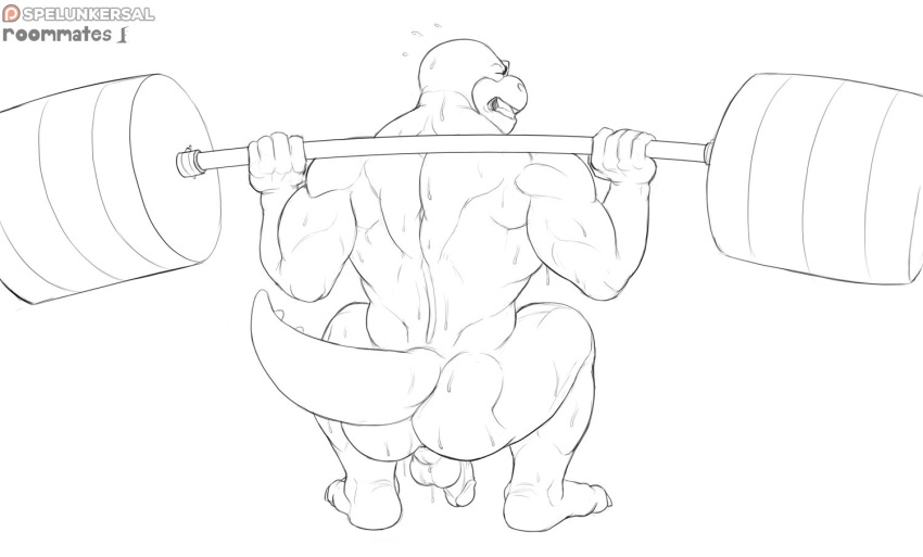 anthro ass back_muscles backsack bald balls barefoot circumcised clenched_teeth crouching dripping exercise flaccid humanoid_penis koopa koopaling line_art male male_only mario_(series) muscular nintendo nude penis perineum plantigrade rear_view roommates_(comic) roy_koopa scalie signature simple_background spelunker_sal straining sweat teeth weightlifting workout