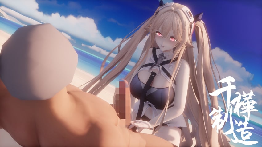 1boy 1girls 3d anchorage_(azur_lane) azur_lane beach blonde_hair blue_sky breasts cbt censored clothed_female_nude_male cock_and_ball_torture eagle_union_(azur_lane) female femdom flicking flicking_balls huge_breasts light-skinned_female light-skinned_male light_skin male malesub mosaic_censoring outdoors penis pink_eyes sajiko_(sankaensajiko) sand sky twintails