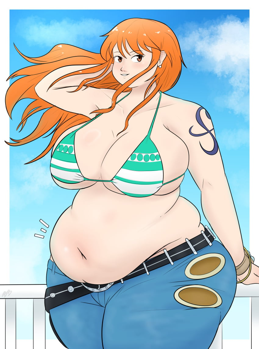 1girls bbw bikini buttybutter chubby chubby_female cleavage clothing female female_only huge_breasts human large_breasts nami_(one_piece) one_piece standing weight_gain