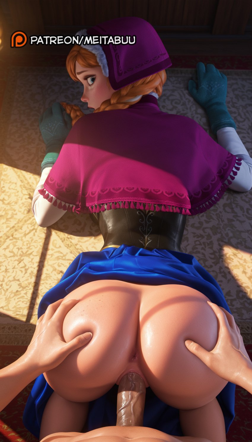 1boy ai_generated all_fours anna_(frozen) anus ass ass_grab bent_over blonde_hair blue_eyes blue_skirt body_freckles braid capelet censored clothed_female_nude_male clothed_sex clothes_lift corset disney disney_channel disney_princess doggy_style female freckles from_behind frozen_(film) frozen_2 gloves grabbing_another's_ass green_gloves groping hood indoors long_hair looking_at_viewer looking_back meitabuu no_panties nude orange_hair penis pov purple_capelet pussy sex sex_from_behind shade skirt skirt_lift solo_focus straight top-down_bottom-up twin_braids uncensored vaginal_penetration veins veiny_penis