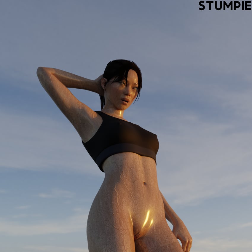 3d asian asian_female blue_eyes blue_eyes_female blush brown_hair brown_hair_female chell female medium_ass nude_female pale-skinned_female pale_skin ponytail ponytail_female portal_(series) portal_2 pose posing posing_for_the_viewer shiny_skin stumpie sweat sweating sweating_female sweaty