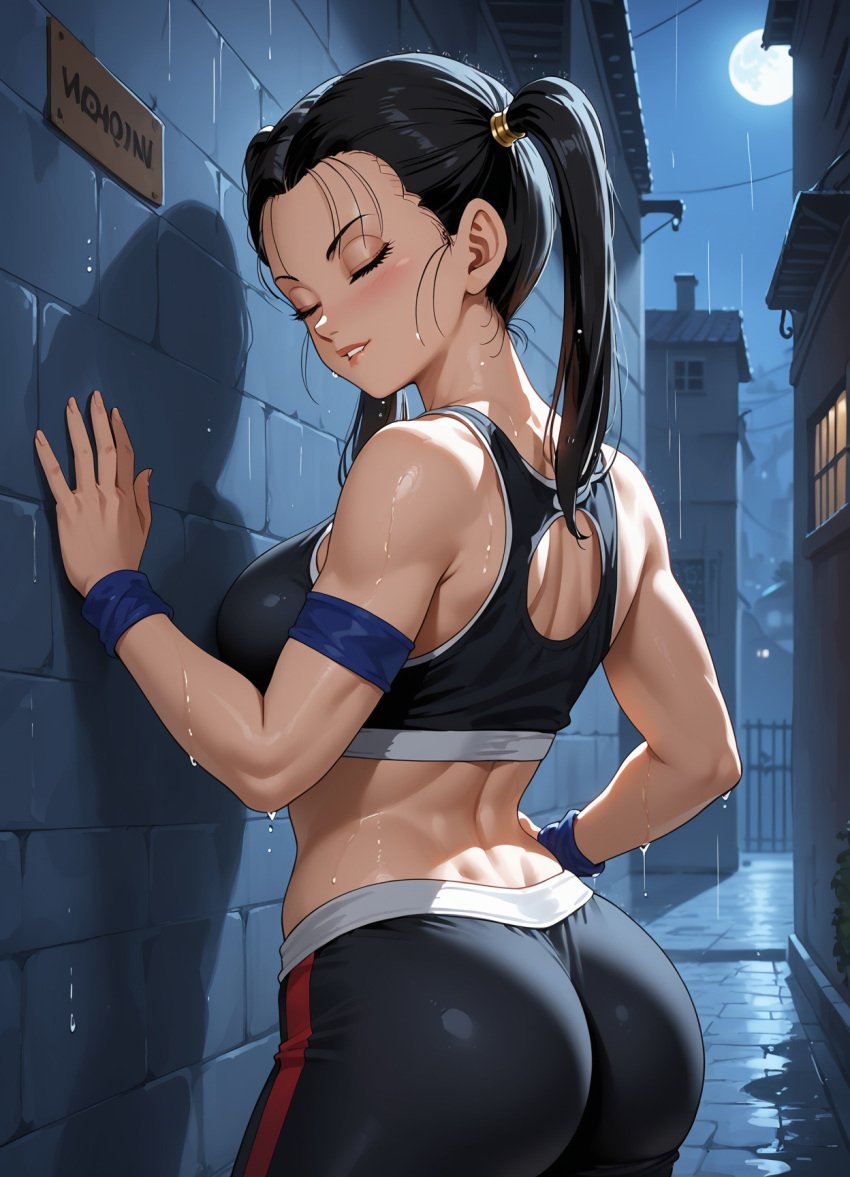 against_wall ai_generated black_hair closed_eyes dragon_ball facing_away hand_on_wall raining sportswear tagme twintails videl wet
