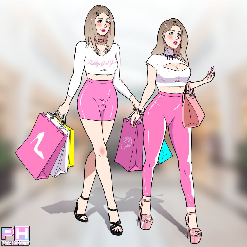 chastity_cage chastity_device choker cleavage cleavage_cutout female handbag high_heels lipstick makeup pink_horizons platform_heels png shopping shopping_bag sissy tight_clothing