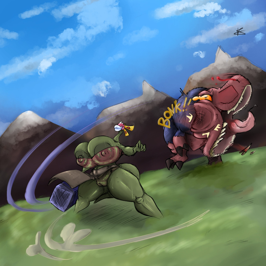 4_eyes absurd_res anjanath anthro big_breasts big_butt big_vulva breasts brute_wyvern butt capcom elemental_creature female flora_fauna flora_noko_(yaginoko) genitals grass green_body green_skin hammer hi_res huge_breasts lips long_neck monster_hunter multi_eye plant solo tail tools vulva yaginoko