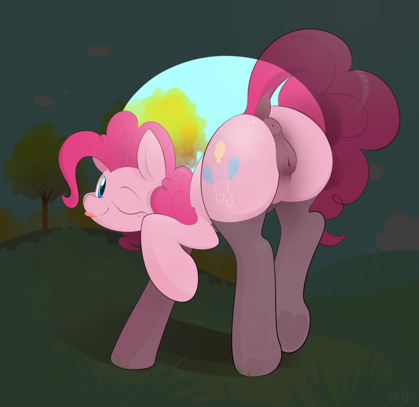 anus ass_up blue_eyes braddo cute cutie_mark dock equine female feral friendship_is_magic fur grass looking_at_viewer mammal my_little_pony nature one_eye_closed outside pink_fur pinkie_pie_(mlp) pussy solo tongue tongue_out underhoof wink