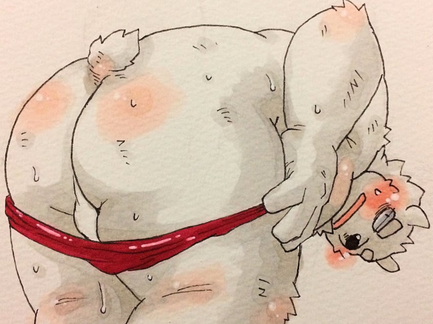 anthro ass bear big_butt blush clothed clothing colored donuts72 looking_at_viewer male male_only mammal mooning pants_down partially_clothed presenting presenting_hindquarters rear_view simple_background solo speedo swimsuit white_background