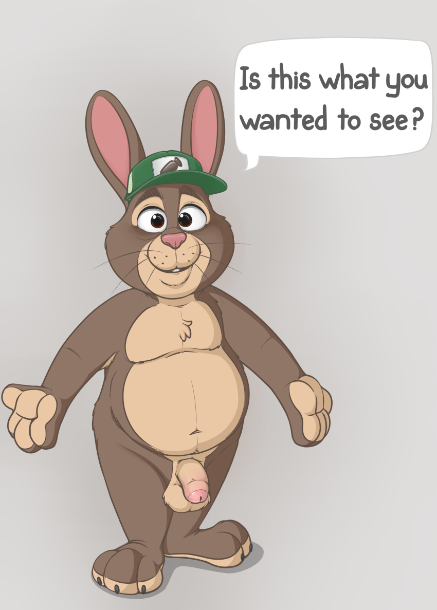 1boy anthro armpit_hair balls brown_eyes brown_fur disney english_text flaccid fur hat humanoid_penis lagomorph looking_at_viewer male male_only mammal navel neenya nude penis rabbit simple_background slightly_chubby solo speech_bubble standing stu_hopps text whiskers zootopia