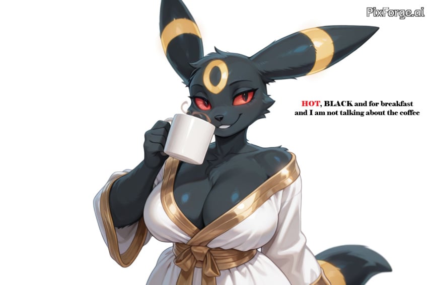 ai-created ai_assisted ai_generated anthro black_robe cleavage cleavage_cutout coffee coffee_mug furry pokemon red_eyes robe robe_only seductive_eyes seductive_look seductive_smile shyunchained steam tagme umbreon