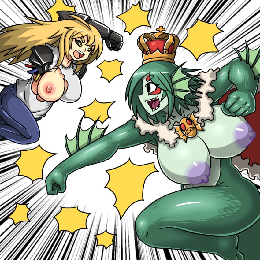 2girls areola breasts busty catfight cleavage cyborg deep_sea_king dr.bug exposed_breasts female fighting genos green_hair green_skin large_breasts long_hair monster_girl multiple_girls nipples one-punch_man puffy_nipples purple_nipples rule_63 short_hair voluptuous