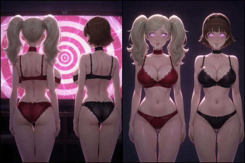 ai ai-created ai_art ai_assisted ai_generated ann_takamaki big_ass big_breasts bikini black_bra black_clothing black_panties black_underwear blissful blonde blonde-haired_female blonde_female blonde_hair blonde_hair_female brainwashed brainwashing brainwashing_in_progress brown-haired_female brown_hair bubble_ass bubble_butt curvaceous curvy curvy_body curvy_female curvy_figure curvy_hips drooling happy_female hypnosis hypnotic_eyes hypnotized hypnotized_female hypnotized_personality_change makoto_niijima mind_control partially_clothed persona persona_5 persona_5_royal pink_eyes red_bra red_clothing red_panties red_underwear spiral spiral_eyes standing standing_at_attention tv twintails unsettling voluptuous voluptuous_female wet wet_pussy