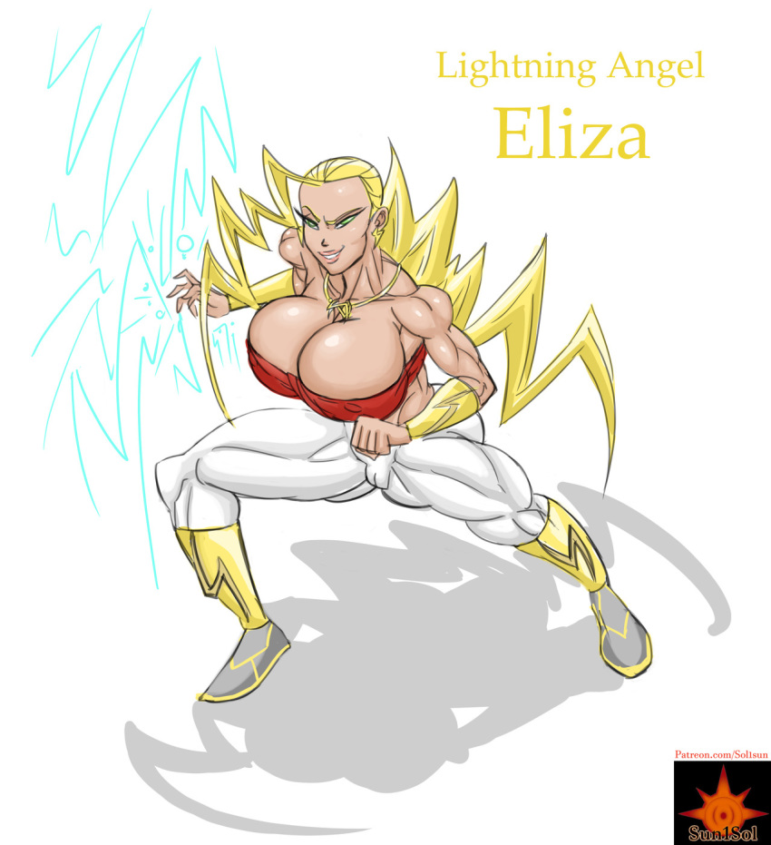 1girls angel artist_name big_breasts blonde_hair blue_eyes bracer breasts busty cleavage curvy ear_piercing earrings eliza_lightning english_text eyelashes female female_only front_view green_eyes half-closed_eyes hourglass_figure huge_breasts human lightning long_hair midriff muscle muscular muscular_female necklace piercing pose posing shadow simple_background solo spread_legs spreading standing sun1sol tank_top text very_long_hair voluptuous white_background wide_hips yellow_hair