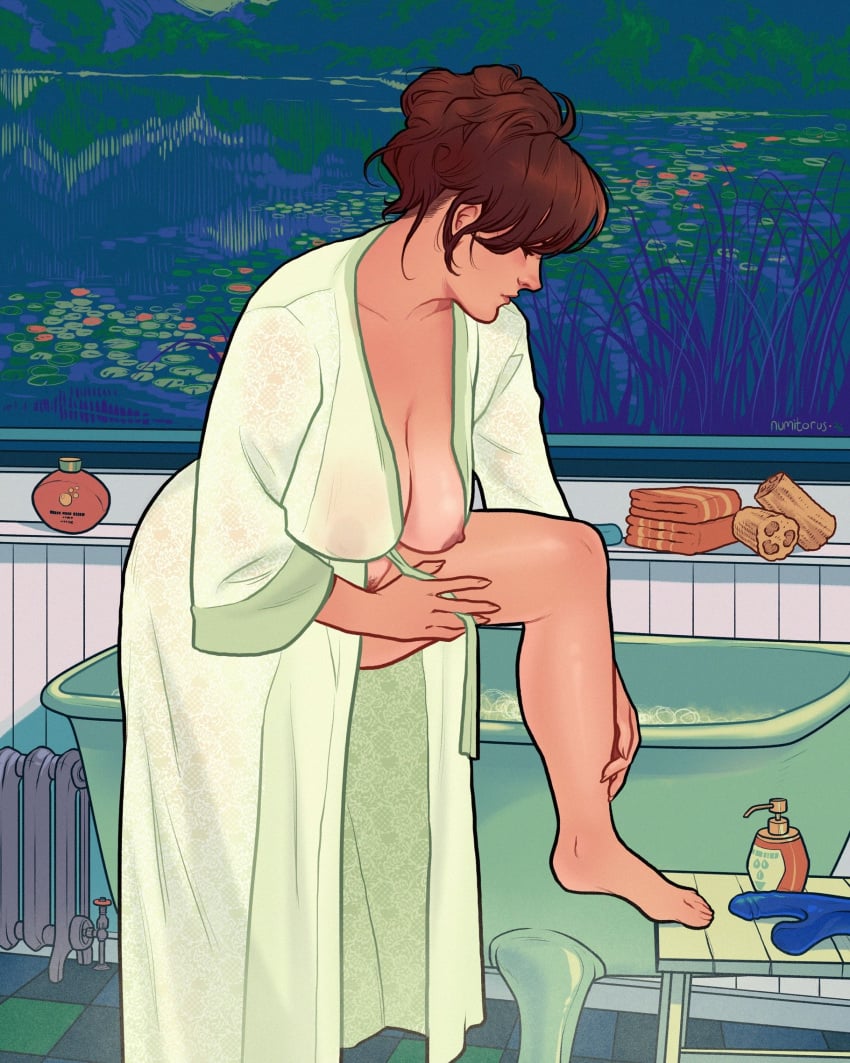 bathroom casual clothing female human nonsexual nonsexual_nudity numitor outerwear pale_skin robe