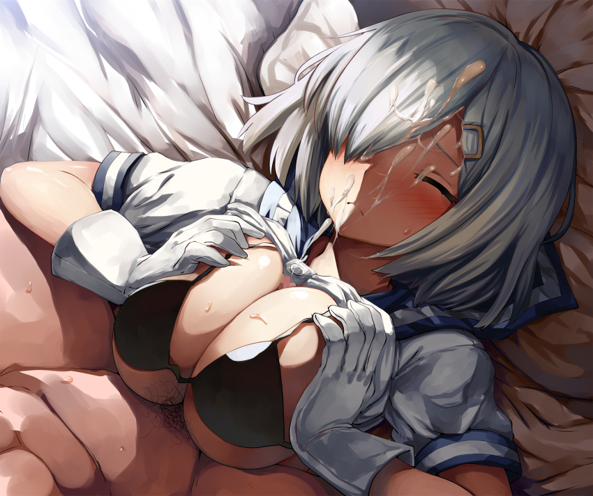 1boy belko black_bra blush bra breasts closed_eyes clothed_female_nude_male cum facial female gloves hair_ornament hair_over_one_eye hairclip hamakaze_(kantai_collection) highres kantai_collection large_breasts lying male_pubic_hair nude on_back paizuri pubic_hair sailor_collar school_uniform serafuku shaun_(fallenicons) short_hair silver_hair solo_focus straight underwear white_gloves