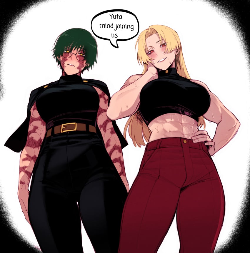 1boy 1boy2girls 2girls 2girls1boy blonde-haired_female blonde_hair color_edit green-haired_female green_hair jujutsu_kaisen jujutsu_kaisen_0 jujutsu_tech_uniform low_quality_edit lucky_bastard masoq095 older_female older_female_and_younger_male scars training yuki_tsukumo yuta_okkotsu zenin_maki