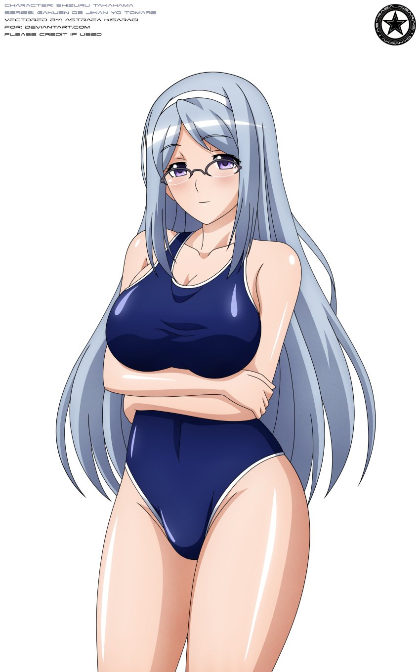 2018 akiranyo arms_under_breasts artist_logo artist_name big_breasts blue_hair blue_swimsuit blush character_name english_text gakuen_de_jikan_yo_tomare glasses hairband long_hair one-piece_swimsuit purple_eyes round_glasses takahama_shizuru text transparent_background vector_trace white_hairband work_name