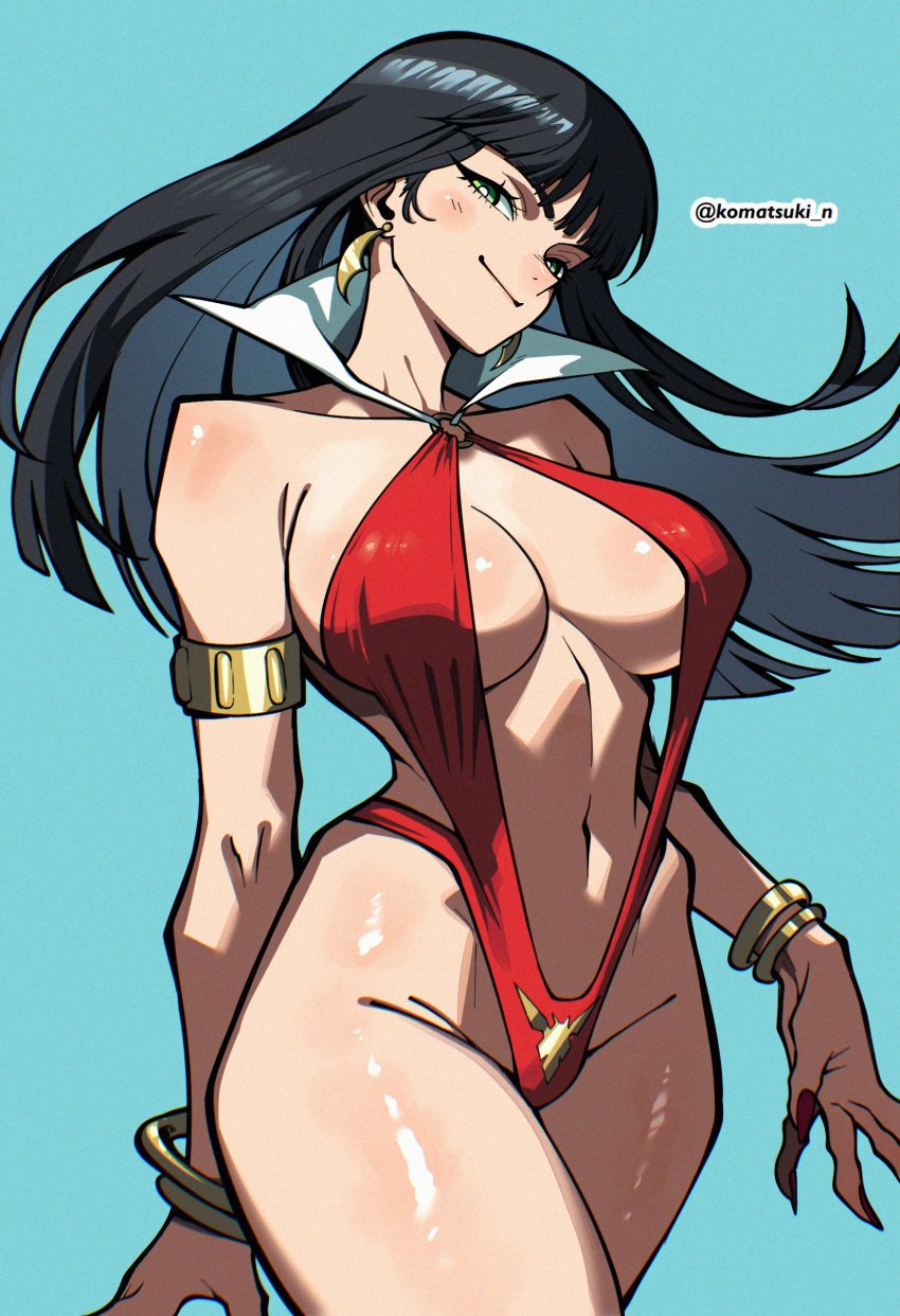 1girls ass bare_shoulders bikini black_hair bracelet breasts cleavage collar earrings female green_eyes hips komatsuki_n looking_at_viewer semi_nude sideboob smile tagme thighs vampire vampire_girl vampirella voluptuous white_skin