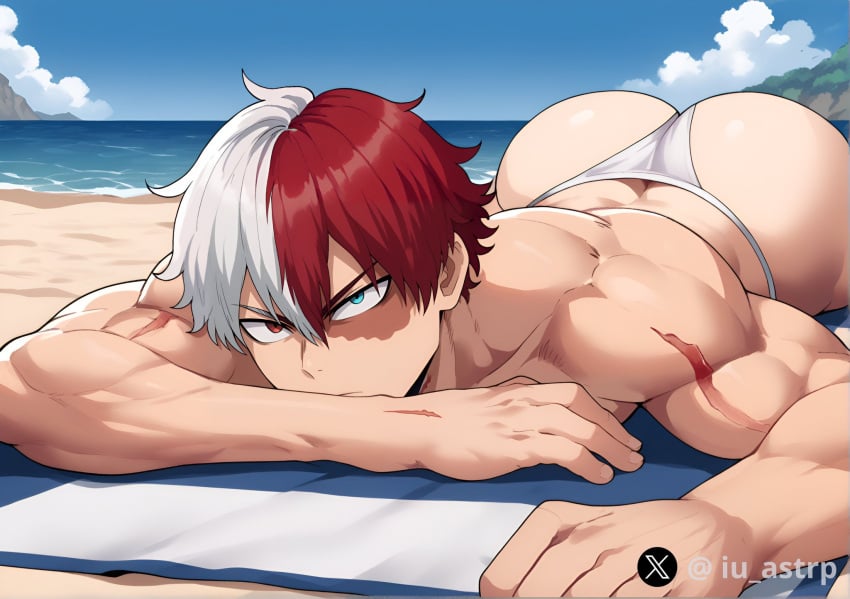 1boy 1male absurd_res absurdres ai_generated ass ass_from_the_front ass_up beach beach_towel big_ass big_ass_(male) big_ass_cheeks big_butt big_butt_(male) big_butt_cheeks blue_eye blue_eyes blue_sky blue_water boku_no_hero_academia bubble_ass bubble_butt bubble_butt_(male) butt_cheeks butt_from_front butt_from_the_front caked_up clouds dat_ass dat_butt fat_ass fat_ass_cheeks fat_butt gay heterochromia high_resolution highres iu_astrp juicy_butt laying_on_towel looking_at_viewer male male_only muscular muscular_arms muscular_male my_hero_academia ocean plump_ass plump_butt red_eye red_eyes red_hair sand scar scar_on_arm scars shiny_ass shiny_butt shouto_todoroki sky solo solo_focus solo_male stable_diffusion thick_ass thong thong_only todoroki_shouto towel two_tone_hair underwear underwear_only watermark wedgie white_hair white_thong white_underwear yaoi