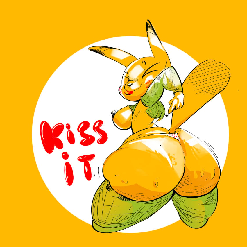 anthro ass big_butt bodily_fluids breasts bubble_butt clothing female generation_1_pokemon ghostful hi_res huge_butt implied_rimming nintendo pikachu pokemon pokemon_(species) presenting presenting_hindquarters solo sweat sweatdrop sweaty_butt text