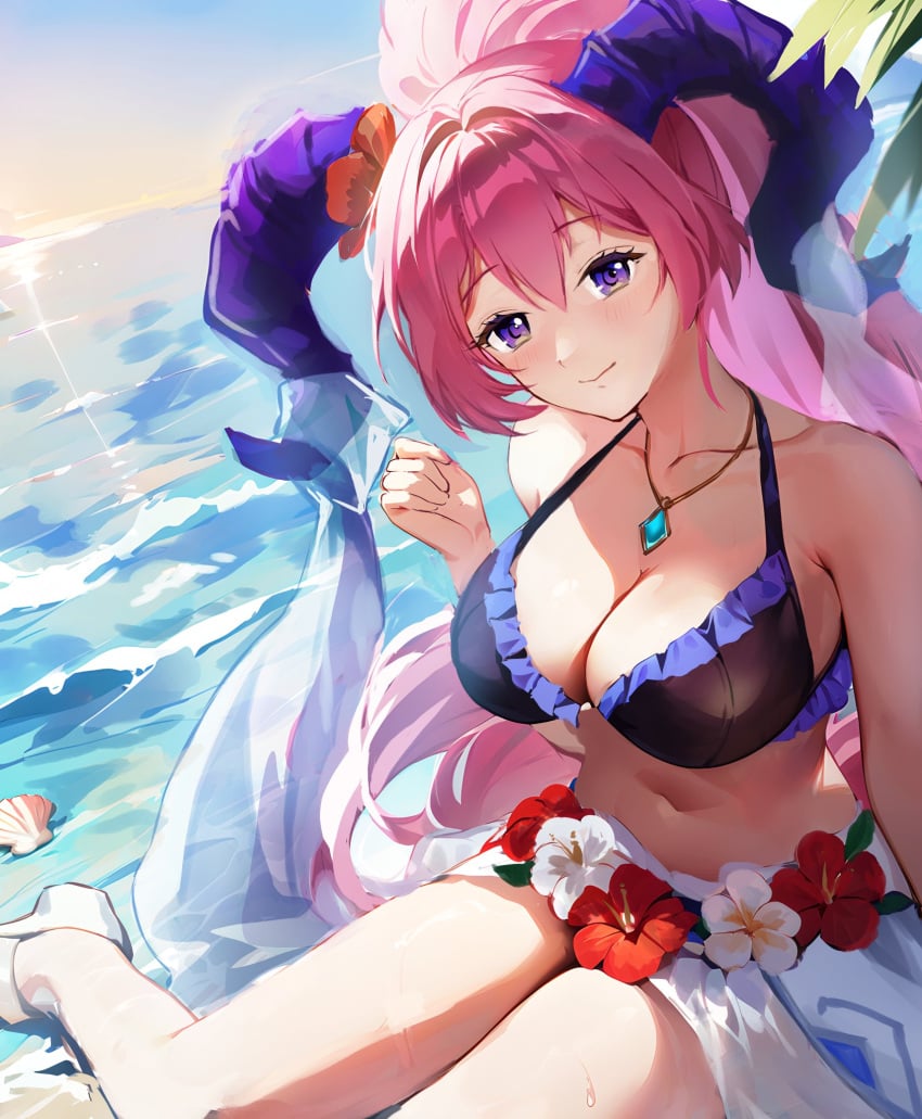 1girls alternate_costume beach bikini black_bikini black_swimsuit blush breasts cleavage closed_mouth collarbone curled_horns female female_only fire_emblem fire_emblem_heroes flower goat_horns hair_between_eyes hair_flower hair_ornament highres horns jewelry jurge large_breasts long_hair looking_at_viewer navel necklace nerthuz_(fire_emblem) nerthuz_(summer)_(fire_emblem) nintendo ocean official_alternate_costume pink_hair ponytail purple_eyes purple_horns red_flower sarong seashell shell sitting smile solo stomach swimsuit water white_sarong