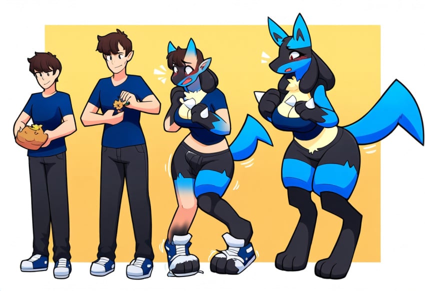 absurd_res ai_generated anthro base_one_layout basic_sequence black_body black_fur blue_body blue_fur blush body_part_growth bottomwear breast_growth breasts brown_hair canid canine clothing female female_lucario footwear fur gender_transformation generation_4_pokemon growth hair hellsonger hi_res human human_to_anthro linear_sequence lucario male mammal mid_transformation mtf_transformation nintendo one_row_layout open_mouth pants pokemon pokemon_(species) pokemon_transformation sequence shirt shoes simple_background smile species_transformation spikes surprise tail_growth three_frame_image three_frame_sequence topwear transformation transformation_sequence yellow_body yellow_fur