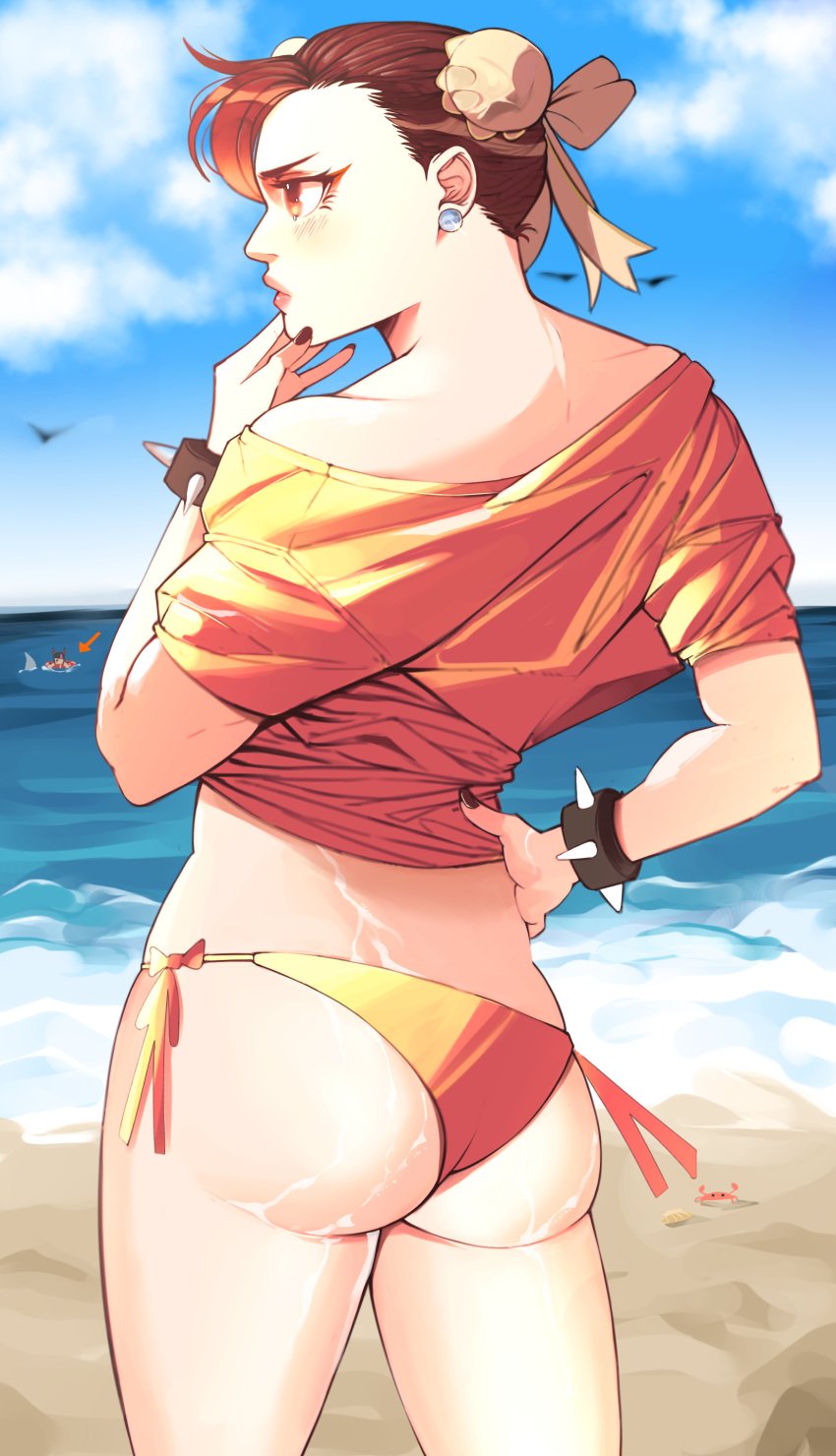 ass back beach bikini bikini_bottom_only black_nails blue_sky blush bracelet breasts brown_eyes brown_hair bun_cover chun-li clothing cloud cloudy_sky crab day double_bun earrings female female female_only from_behind hair_bun hand_on_hip jewelry jobin_chan lips looking_at_viewer looking_back nail_polish no_pants ocean off-shoulder_shirt off_shoulder outdoors shirt short_hair short_sleeves side-tie_bikini side-tie_bikini_bottom sky solo spiked_bracelet spikes street_fighter swimsuit thick_thighs thighs tied_hair water yellow_bikini yellow_swimsuit