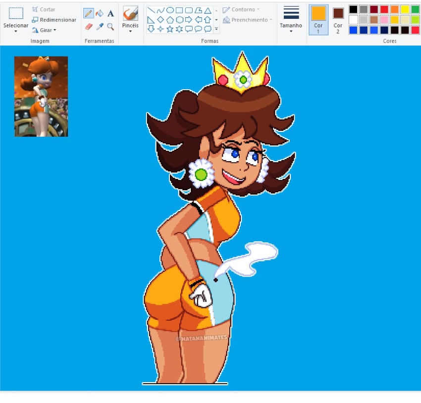 1girls ass daisy's_hot_stuff_(trend) female female_only mario_(series) mario_strikers mario_strikers_princess_daisy_side_view_redraw_(meme) meme orange_shorts princess_daisy reference_image screenshot_redraw super_mario_bros.