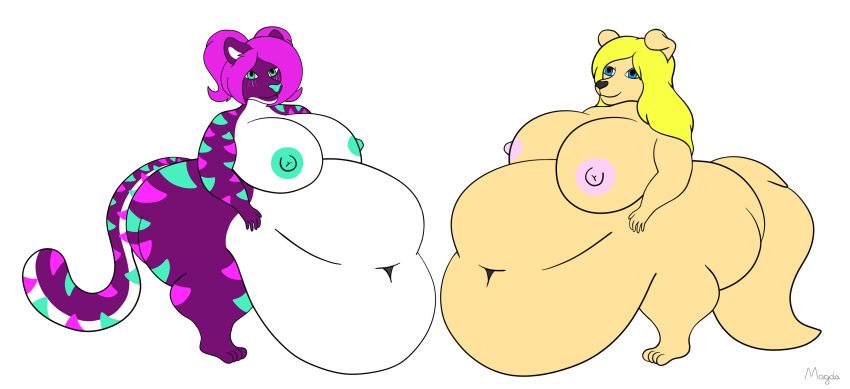 anthro belly big_belly big_breasts blonde_hair breasts canine dickgirl feline female hair huge_breasts hyper hyper_belly intersex laura mammal nipples nude obese overweight romantic_couple sandra tiger wide_hips yuri