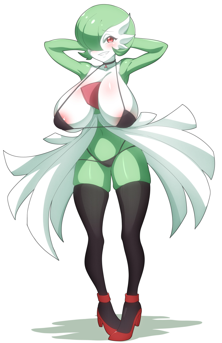 1female 1girls big_ass big_breasts bikini black_thighhighs cute female gardevoir green_hair green_skin kdtwifi nintendo platform_shoes pokemon pokemon_(species) posing seductive white_skin