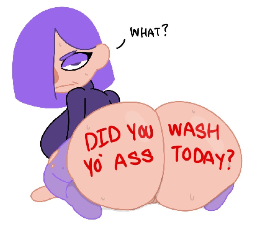 1girls anus ass ass_focus barely_visible_pussy big_breasts big_butt body_writing dialogue duolingo english english_text eyeshadow female hand_on_butt huge_ass lily_(duolingo) looking_at_viewer looking_back makeup meme purple_clothing purple_hair purple_sweater pussy sweat sweater sweating talking_to_viewer text theslashfive thighhighs vagina white_background wide_hips writing_on_ass writing_on_butt