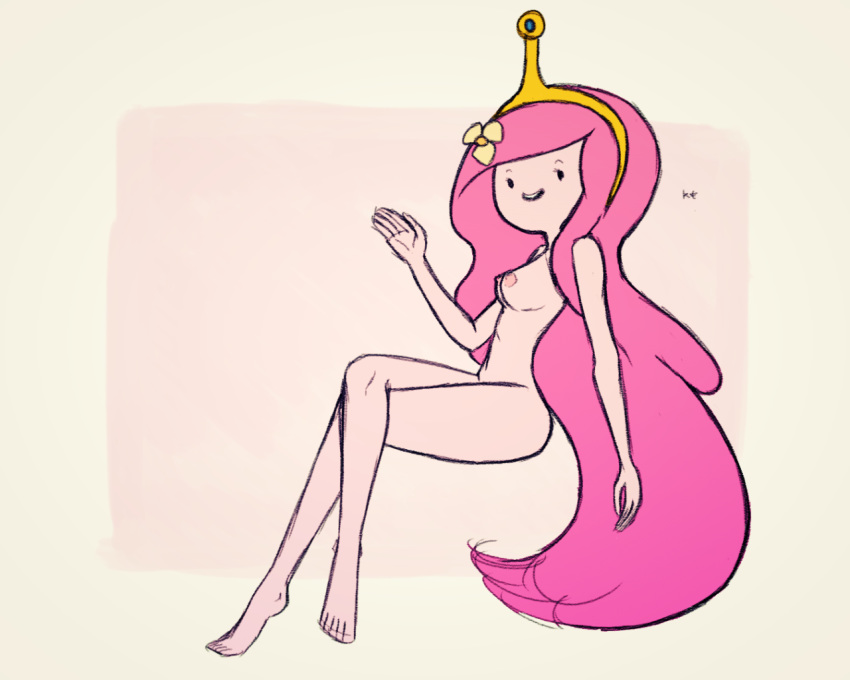 adventure_time barefoot black_eyes breasts crossed_legs female flower hair_flower hair_ornament kt-draws long_hair nipples nude pink_hair pink_skin princess_bubblegum sitting smile solo tiara very_long_hair waving