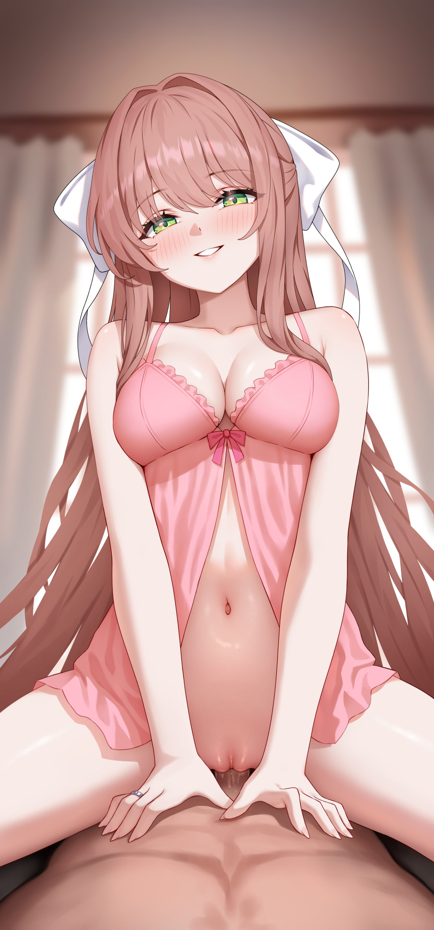 1boy 1girls ass blush bottomless breasts brown_hair clothing cowgirl_position doki_doki_literature_club duo female female_on_top green_eyes lingerie long_hair male monika_(doki_doki_literature_club) penetration penis pussy secon sex smile spread_legs straddling thighs vaginal_penetration white_bow wide_hips