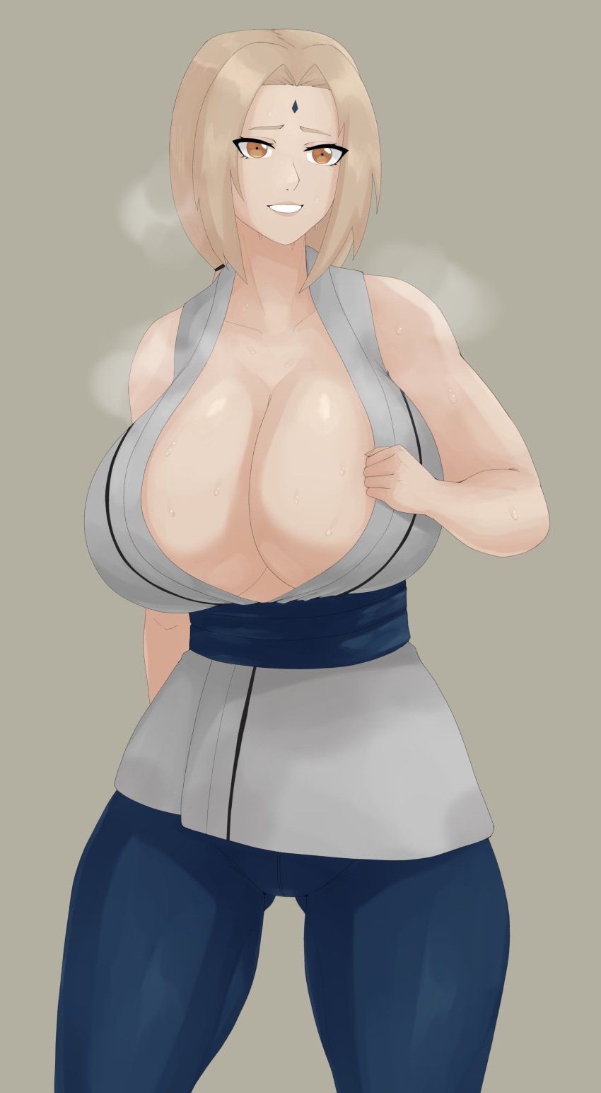 1girls big_breasts blonde_hair breasts brown_eyes cleavage clothing female female_only forehead_jewel hair hand_on_breast huge_breasts large_breasts lips lofifab mature mature_female mature_woman milf naruto naruto_(series) solo solo_female steam steamy steamy_breath sweat sweatdrop tsunade