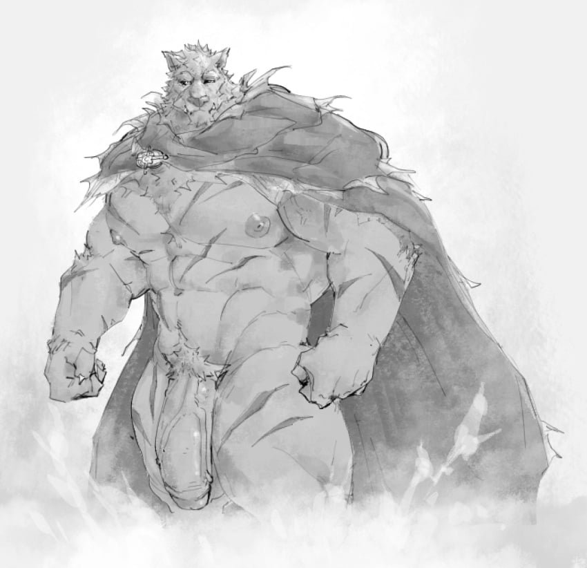 anthro balls bara big_penis blaidd_(elden_ring) cloak elden_ring flaccid fromsoftware furry male male_only monochrome muscles muscular penis phosbara solo solo_male wolf