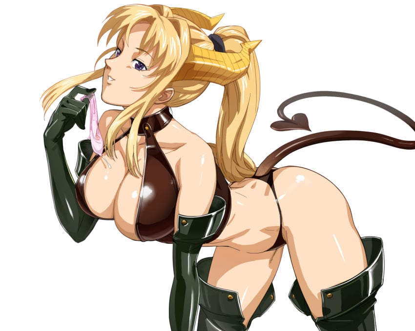 1girls 2015 all_fours ass back bare_shoulders bible_black big_ass black_clothing black_gloves black_thighhighs black_thong blonde_hair breasts carrera_(cosplay) cleavage clothing collar condom cosplay cum cum_drip cum_in_condom demon_horns demon_tail dimples_of_venus elbow_gloves eyebrows_visible_through_hair fake_horns fake_tail female female_only gloves goth goth_girl highres holding_condom horns large_breasts long_hair long_ponytail looking_at_viewer midriff opocom panties ponytail purple_eyes revealing_clothes saeki_kaori simple_background smile solo stockings tail teeth thick_thighs thighhighs thighs thong tied_hair used_condom viper_(series) viper_gts volvox white_background zettai_ryouiki