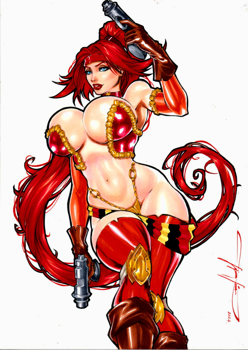 2024 artist_name artist_signature battle_chasers female_focus female_only huge_breasts jeferson_lima looking_at_viewer ponytail red_hair red_monika solo_female solo_focus voluptuous voluptuous_female