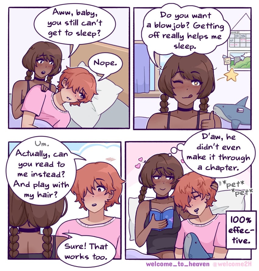 <3 1boy 1girls 2d bed bedroom blahaj book braid braided_hair brown_hair choker comic comic_page dark-skinned_female demisexual_pride_colors dialogue english_text ginger_hair heart ikea light-skinned_femboy long_hair lying_on_person male/female on_bed orange_hair petting pillow playing_with_hair red_hair short_hair sleeping speech_bubble star star_shaped_pupils text thumbs_up welcome_to_heaven wink