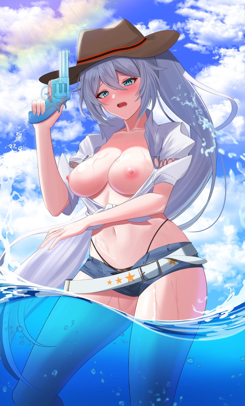 1girls aircell bangs beach bikini bikini_bottom blue_eyes blue_sky blush breasts breasts_out cloud embarrassed exposed_breasts fanbox_reward female female_focus female_only hat high_resolution highres holding_gun honkai_(series) honkai_impact_3rd kiana_kaslana kiana_kaslana_(herrscher_of_flamescion) light-skinned_female light_skin long_hair looking_at_viewer medium_breasts nipples no_bra no_sex ocean open_mouth open_shirt outdoors ponytail pov revolver sea shorts slim_waist staring staring_at_viewer sunny surprised surprised_expression sweat thick_thighs thighs uncensored very_long_hair water wet white_belt white_hair white_shirt