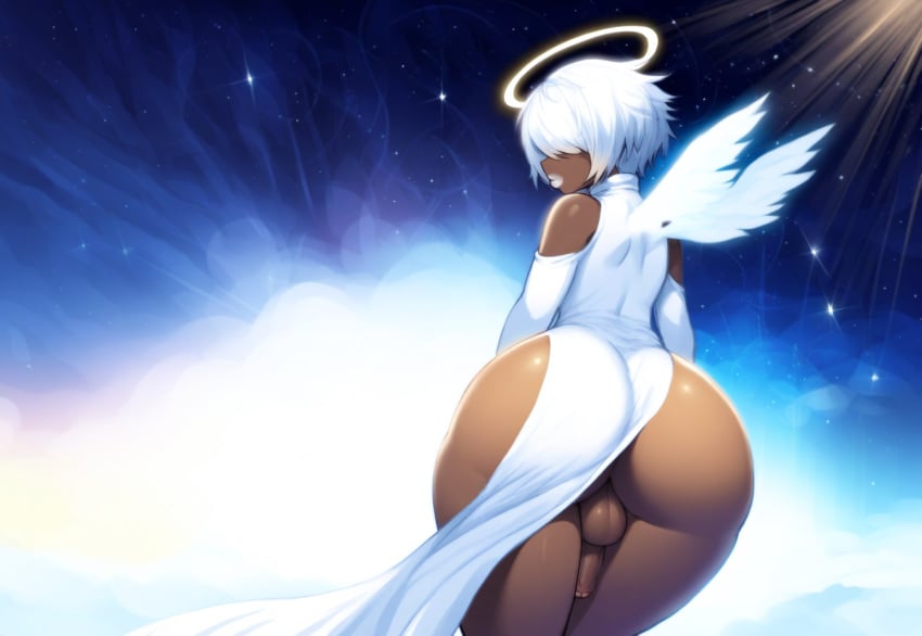 1boy ai_generated alriel angel angel_wings black_femboy catholic christianity dark-skinned_femboy dark-skinned_male dark_skin femboy hair_over_eyes halo huge_ass light monster_femboy mullon novelai public_domain trap voluptuous_male white_hair wings