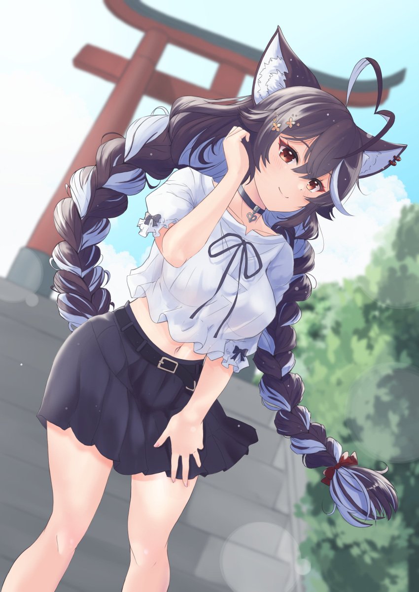 bare_midriff brown_hair casual_clothes female hand_in_hair hand_on_skirt ishi_shikikan kemonomimi mixed_hair_color momotexx_(vtuber) red_eyes smile tail torii virtual_youtuber vtuber vyugen wolf_ears wolf_girl