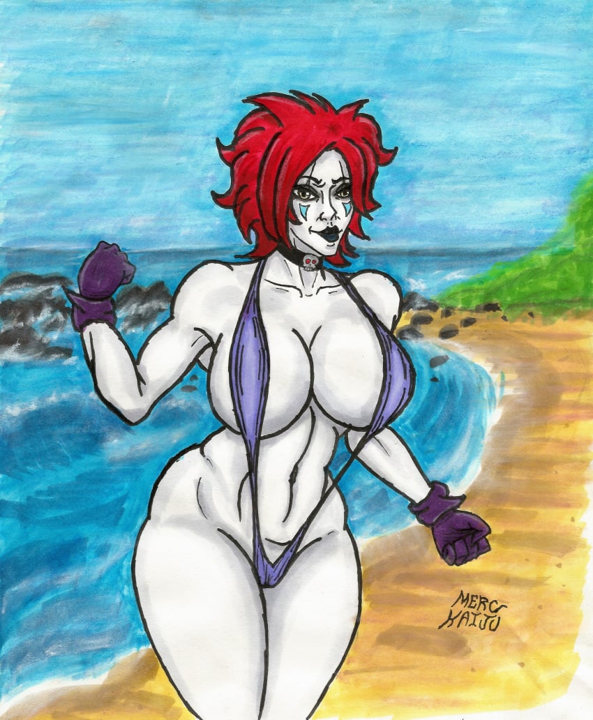 1girls barely_clothed beach belly_button big_breasts bikini black_choker black_lips blue_sky breasts busty busty_female chelsea_carny choker clothing clown clown_girl curvaceous curvy curvy_body curvy_female curvy_figure curvy_hips female female_focus female_only fist fit_female gloves hips human large_breasts merc_kaiju ocean_background original original_character outdoors outside pale-skinned_female pale_skin purple_gloves red_hair sand self_upload skimpy skimpy_bikini skimpy_clothes skimpy_outfit sling_bikini smile smiling smirk solo solo_female standing thighs traditional_art traditional_drawing_(artwork) traditional_media traditional_media_(artwork) water yellow_eyes