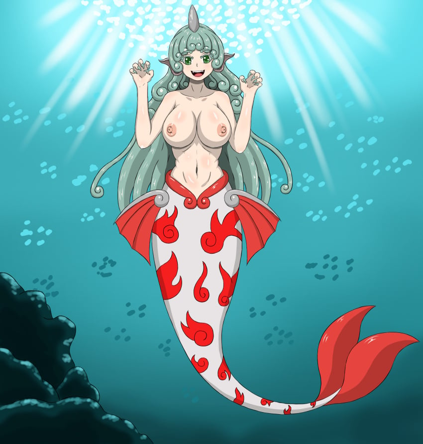 arrashi aunn_komano female large_breasts mermaid mermaid_tail midriff navel nipples post_transformation toned_stomach touhou transformation wide_hips