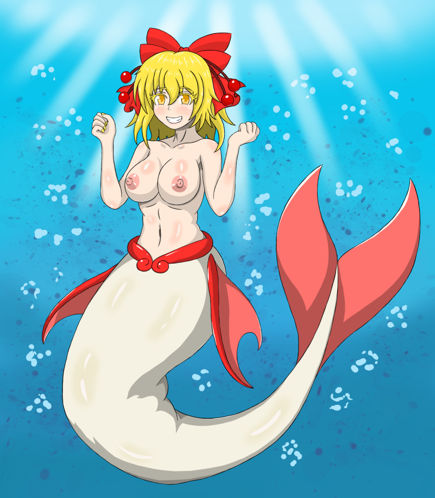 arrashi female large_breasts mermaid mermaid_tail midriff navel nipples post_transformation satsuki_rin toned_stomach touhou transformation wide_hips