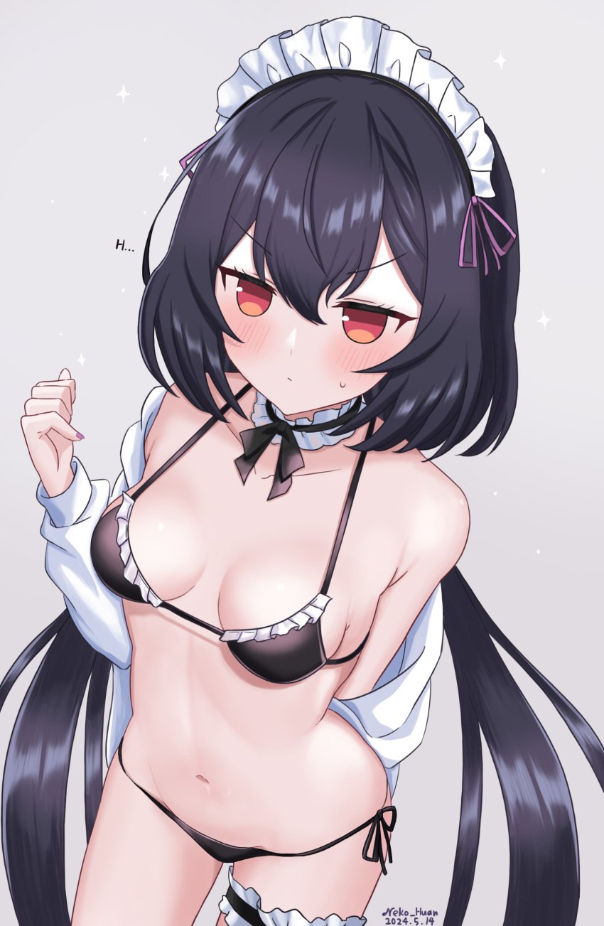 &gt;:( arm_behind_back armpit_crease artist_name bare_shoulders bikini black_hair black_ribbon blush breasts chestnut_mouth chinese_commentary choker collarbone commentary_request counter:side dated empty_eyes female frilled_bikini_top frilled_choker frills grey_background hair_between_eyes hand_up highres jitome lily_(counter:side) long_hair long_sleeves looking_at_viewer low_twintails lowleg lowleg_bikini maid maid_bikini maid_headdress navel neck_ribbon neko_huan off_shoulder open_clothes open_shirt purple_ribbon red_eyes ribbon shirt side-tie_bikini_bottom small_breasts solo sparkle stomach sweatdrop swimsuit thigh_strap twintails unbuttoned unbuttoned_shirt unconventional_maid v-shaped_eyebrows variant_set very_long_hair white_shirt