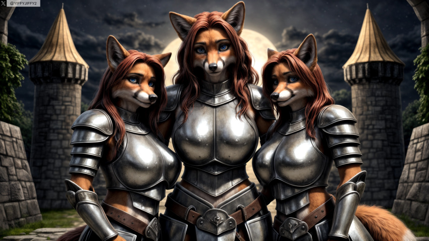 3girls ai_generated animal_ears anthro armor artist_name belt blue_eyes breastplate breasts brown_hair castle cloud female_anthro full_moon furry furry_female hi_res high_resolution highres large_breasts long_hair looking_at_viewer moon multiple_girls night night_sky outdoors pauldrons photorealistic plate_armor realistic shoulder_armor sky stable_diffusion tail twitter twitter_username watermark yiffyjiffy2 yiffyjiffy69
