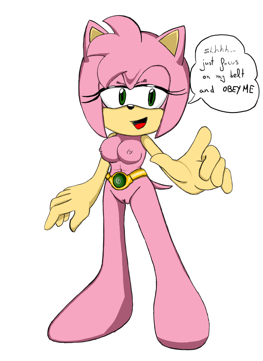 amy_rose anthro belt big_breasts breasts clothed clothing female femdom green_eyes hair hedgehog hi_res hypnosis looking_at_viewer mammal mind_control nude open_mouth pink_body pink_hair pussy rutilus solo sonic_(series) topless