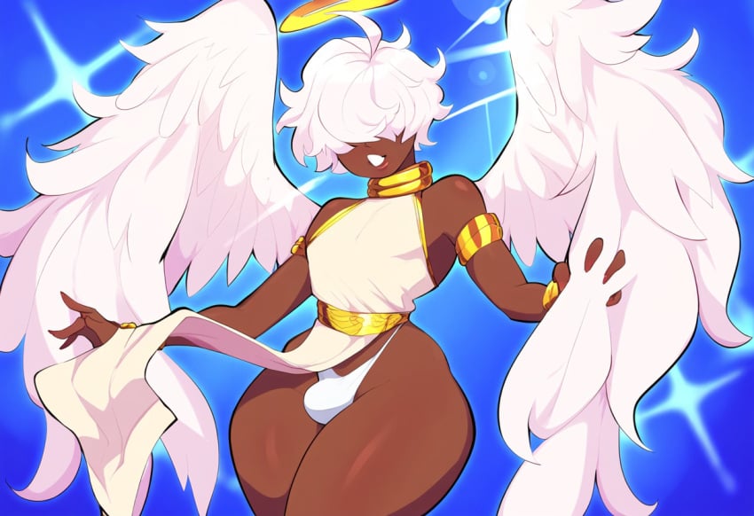 1boy ai_generated alriel angel angel_wings black_femboy bulge curvy dark-skinned_male dark_skin femboy hair_over_eyes halo mullon novelai pelvic_curtain sky thick_thighs trap white_hair wings